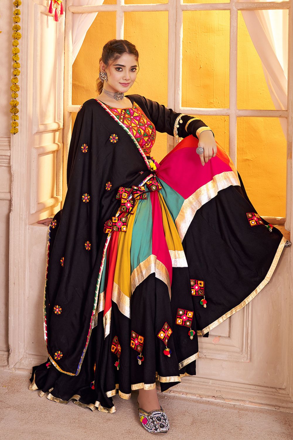 MULTI BLACK VISCOSE COTTON LEHENHA CHOLI WITH THREAD WORK AND LAMPI BORDERING