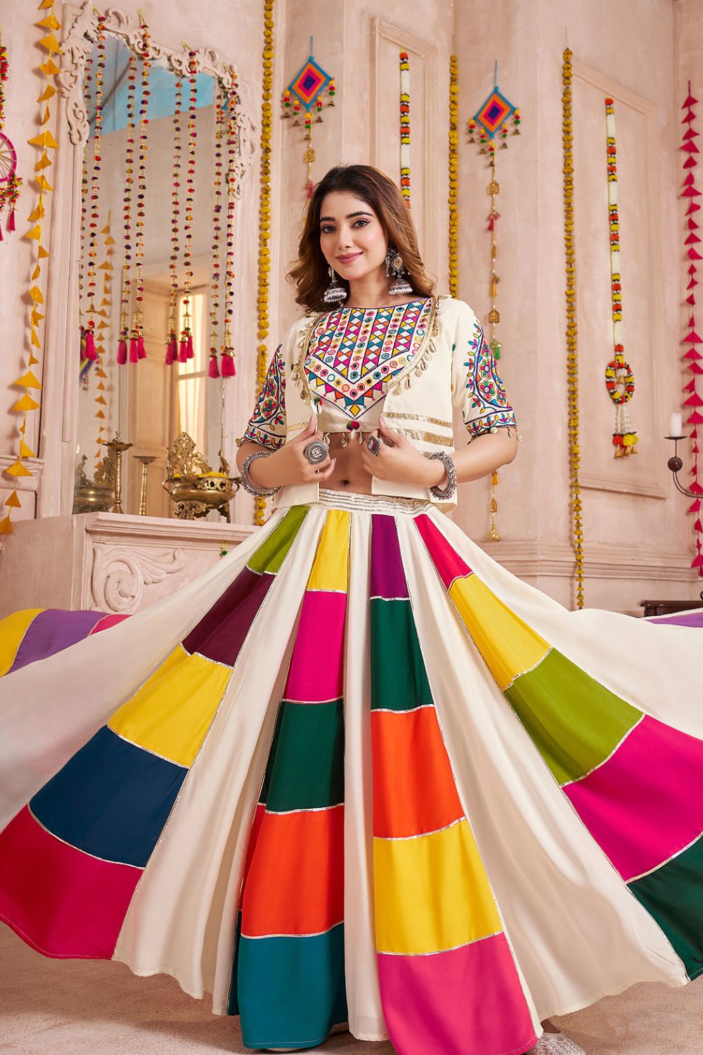 MULTI COLOR VISCOSE COTTON NAVRATRI LEHENGA CHOLI WITH KUTCHI AND MIRROR WORK JACKET