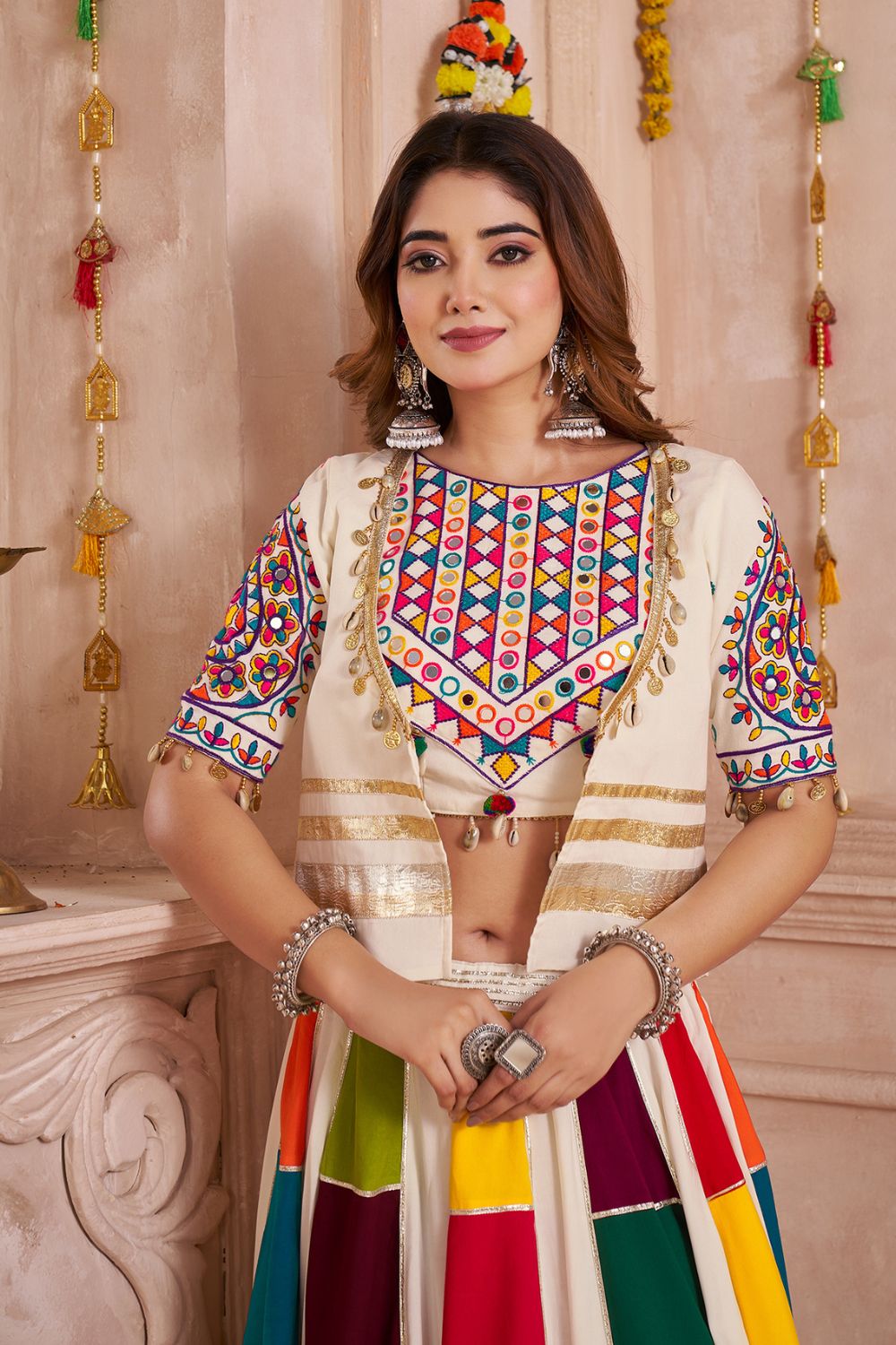 MULTI COLOR VISCOSE COTTON NAVRATRI LEHENGA CHOLI WITH KUTCHI AND MIRROR WORK JACKET