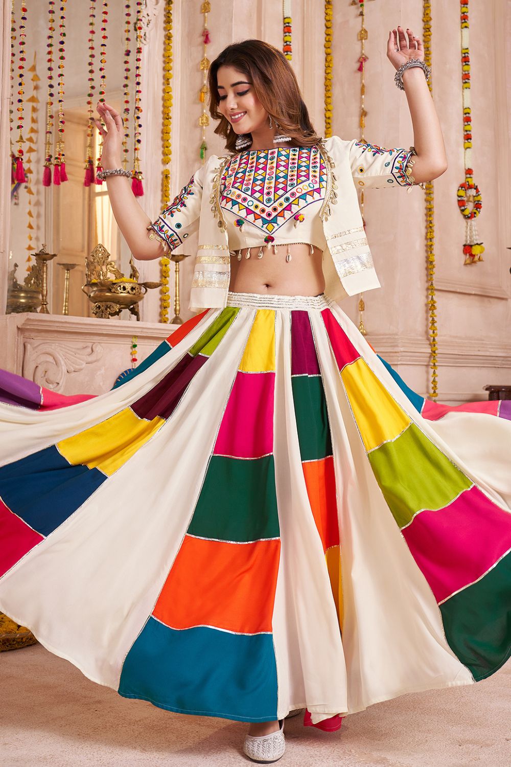 MULTI COLOR VISCOSE COTTON NAVRATRI LEHENGA CHOLI WITH KUTCHI AND MIRROR WORK JACKET