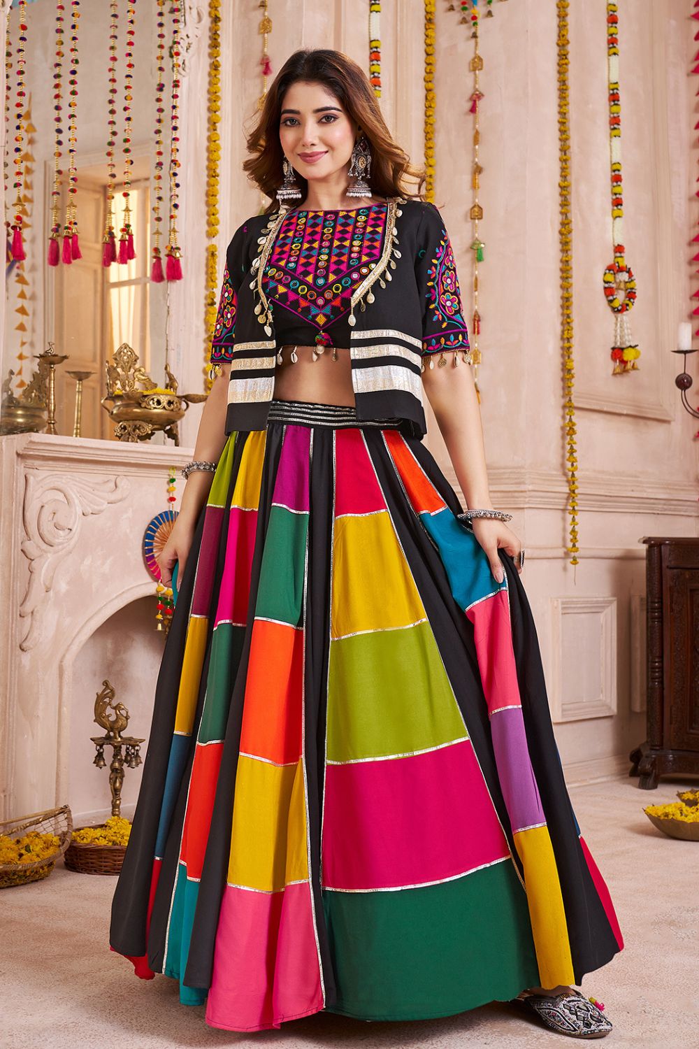 MULTI COLOR VISCOSE COTTON NAVRATRI LEHENGA CHOLI WITH KUTCHI PATCH WORK JACKET
