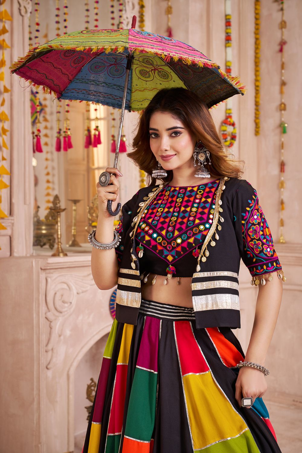 MULTI COLOR VISCOSE COTTON NAVRATRI LEHENGA CHOLI WITH KUTCHI AND MIRROR WORK JACKET