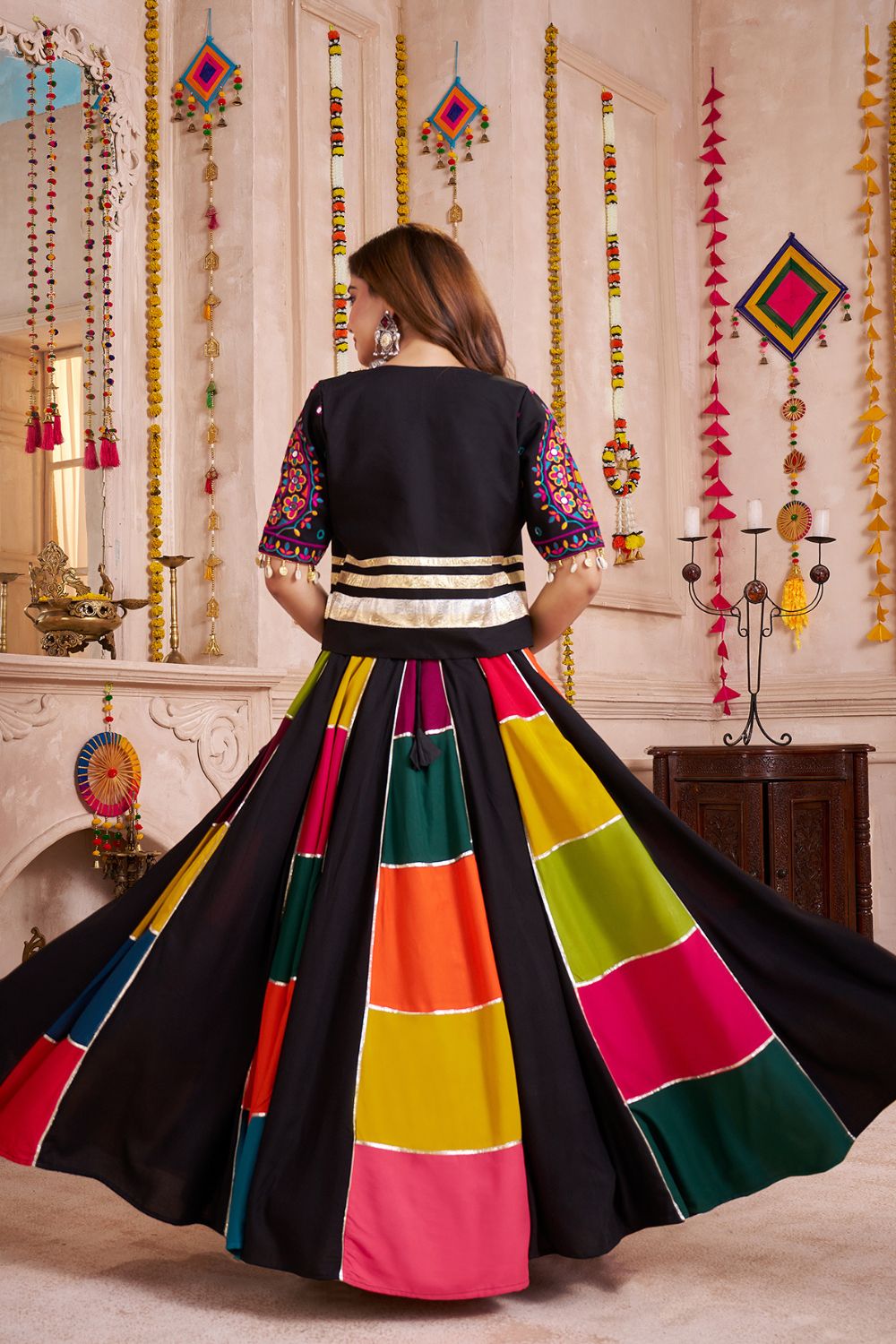 MULTI COLOR VISCOSE COTTON NAVRATRI LEHENGA CHOLI WITH KUTCHI AND MIRROR WORK JACKET