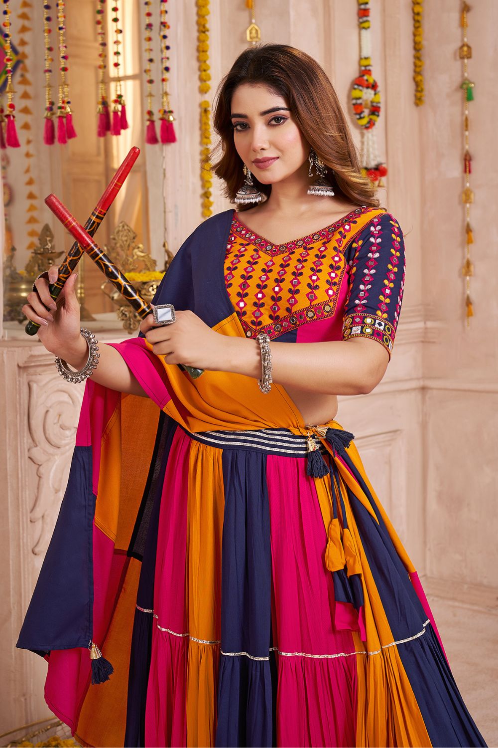 MULTI COLOR VISCOSE COTTON NAVRATRI LEHENGA CHOLI WITH KUTCHI PATCH WORK