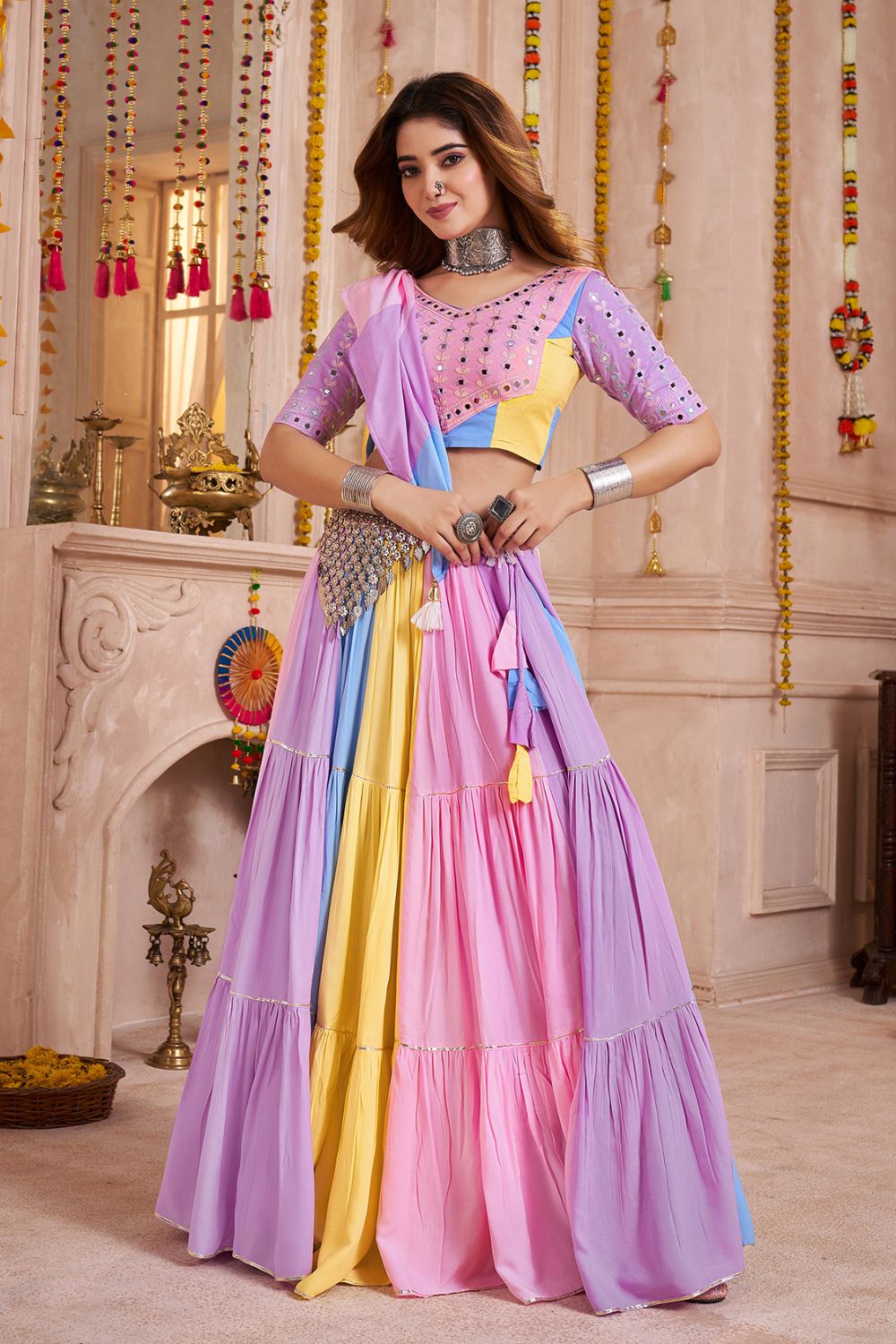 MULTI COLOR VISCOSE COTTON NAVRATRI LEHENGA CHOLI WITH MIRROR WORK