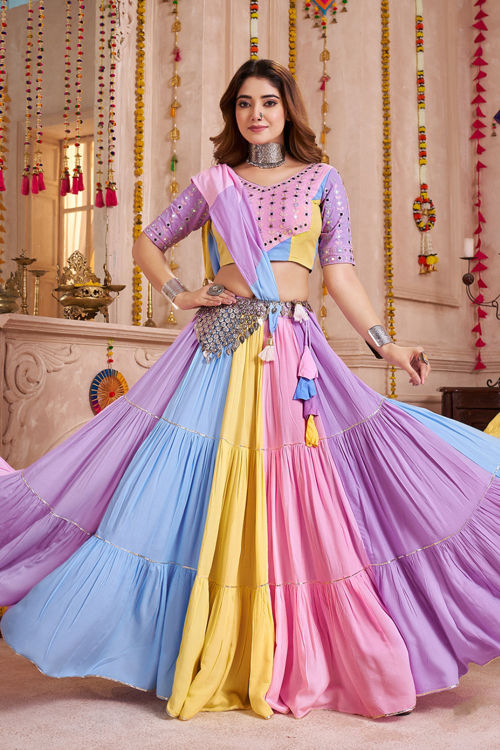 MULTI COLOR VISCOSE COTTON NAVRATRI LEHENGA CHOLI WITH MIRROR WORK