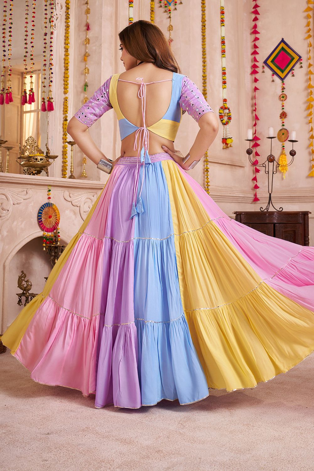 MULTI COLOR VISCOSE COTTON NAVRATRI LEHENGA CHOLI WITH MIRROR WORK