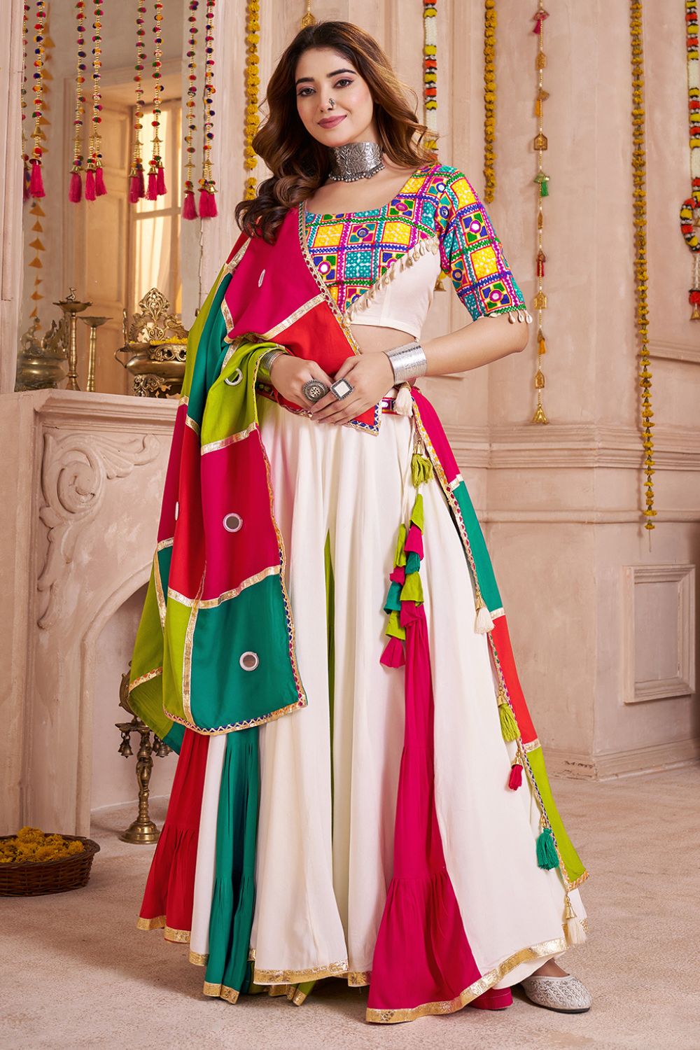 MULTI COLOR VISCOSE COTTON NAVRATRI LEHENGA CHOLI WITH MIRROR AND THREAD WORK
