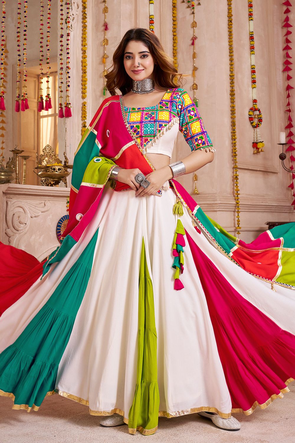 MULTI COLOR VISCOSE COTTON NAVRATRI LEHENGA CHOLI WITH MIRROR AND THREAD WORK