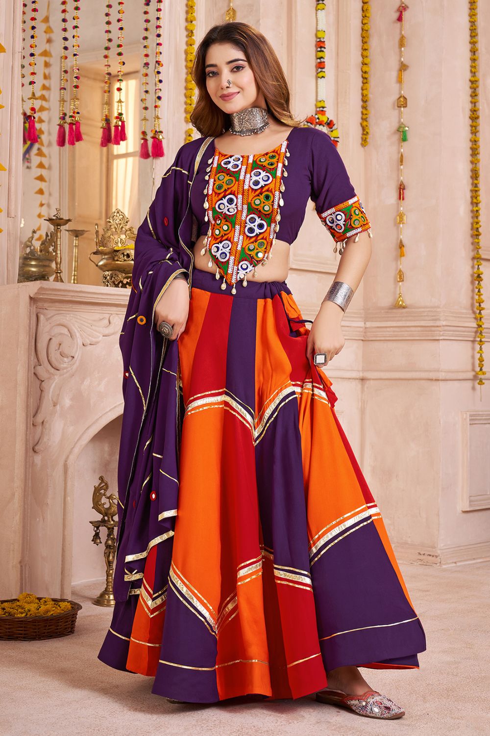 MULTI COLOR VISCOSE COTTON NAVRATRI LEHENGA CHOLI WITH THREAD AND MIRROR WORK