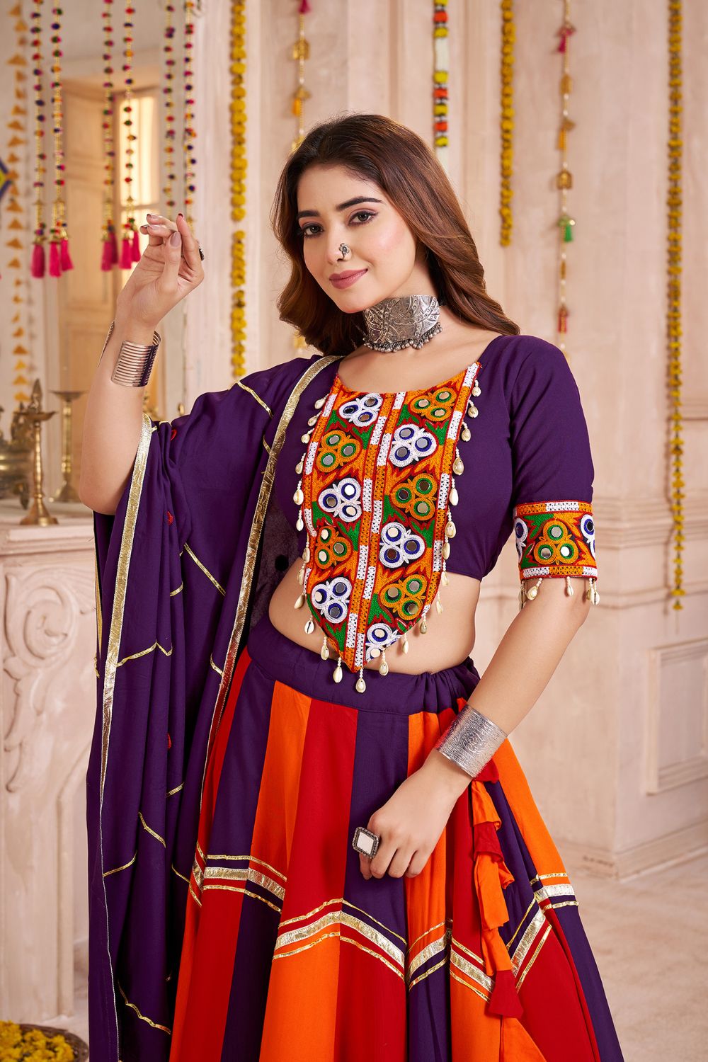 MULTI COLOR VISCOSE COTTON NAVRATRI LEHENGA CHOLI WITH THREAD AND MIRROR WORK