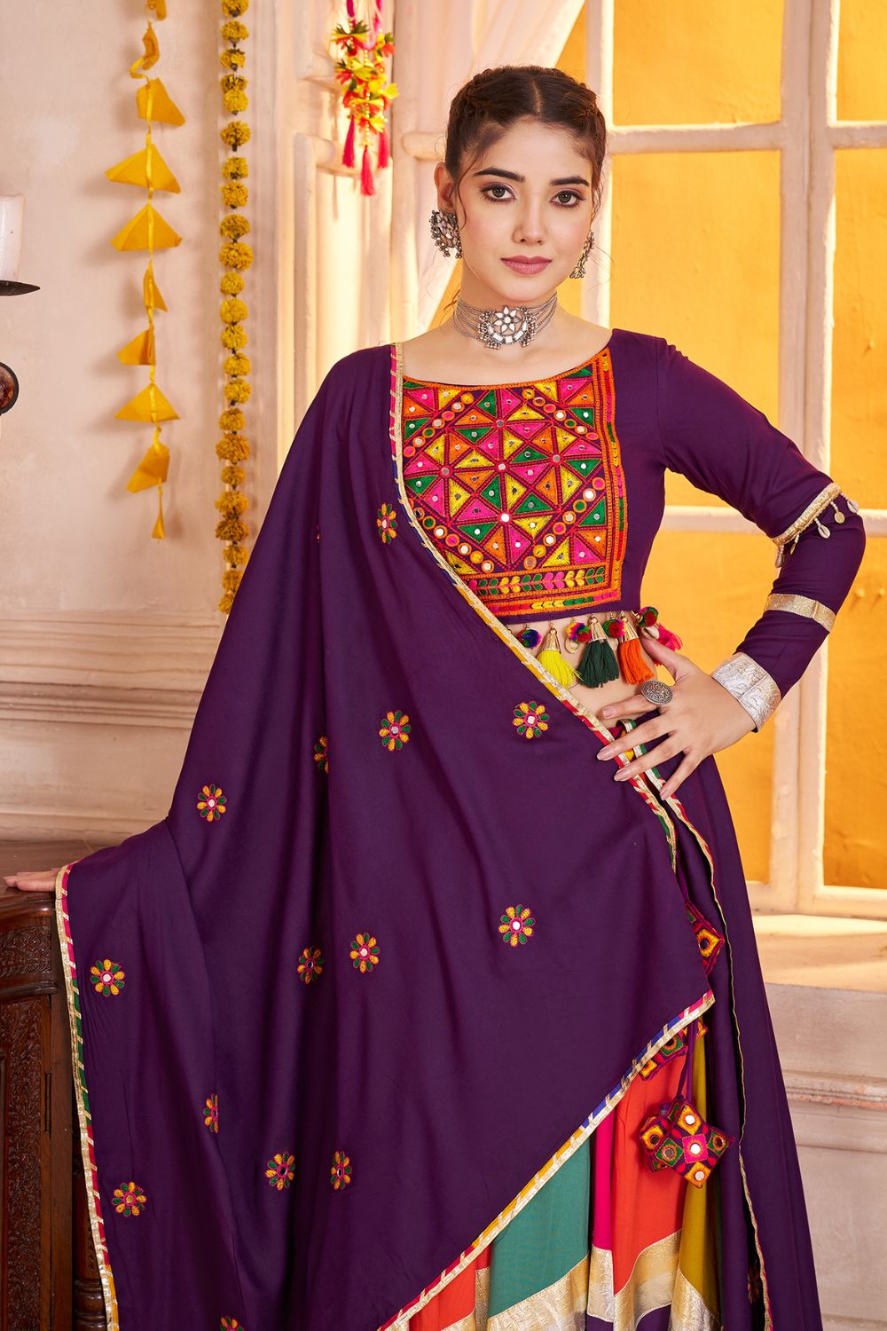 MULTI PURPLE VISCOSE COTTON LEHENGA CHOLI WITH THREAD WORK AND LAMPI BORDERING