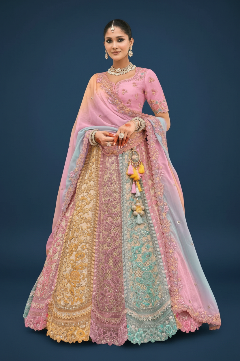 MULTI SILK BRIDAL LEHENGA WITH THREAD AND SEQUINS