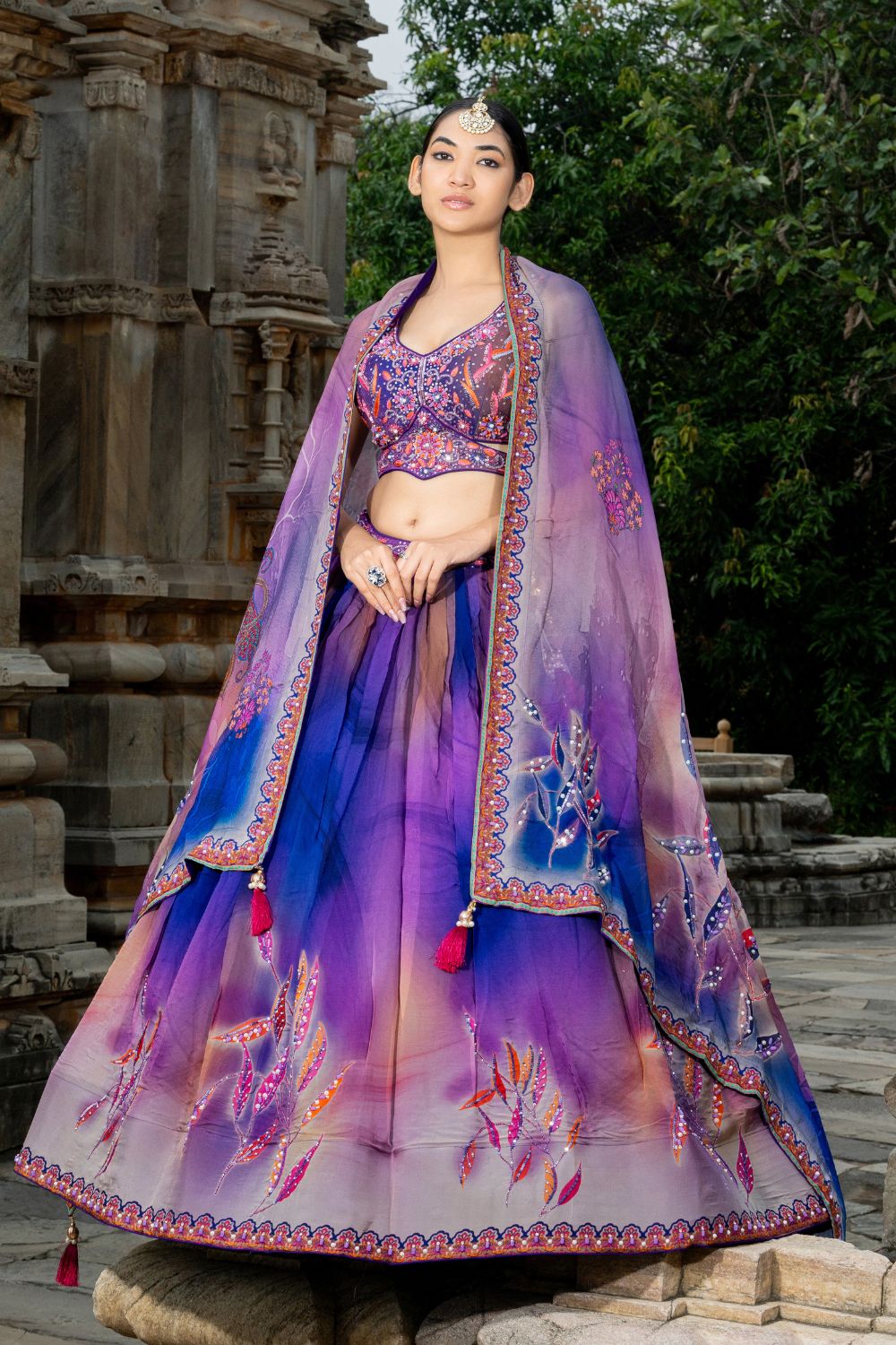 MULTI SILK LEHENGA CHOLI WITH MOTI AND CUTDANA WORK