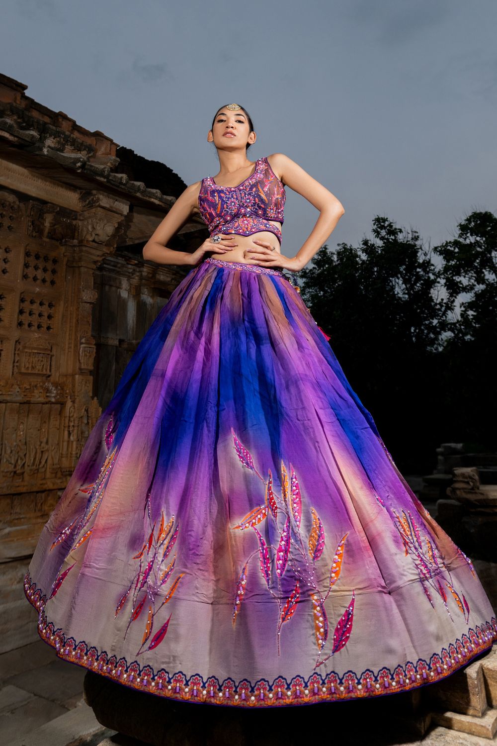 MULTI SILK LEHENGA CHOLI WITH MOTI AND CUTDANA WORK