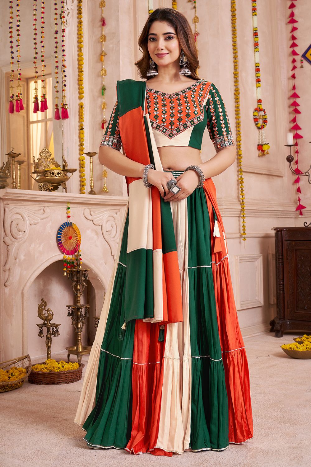 MULTI VISCOSE COTTON NAVRATRI LEHENGA CHOLI WITH KUTCHI PATCH AND MIRROR WORK