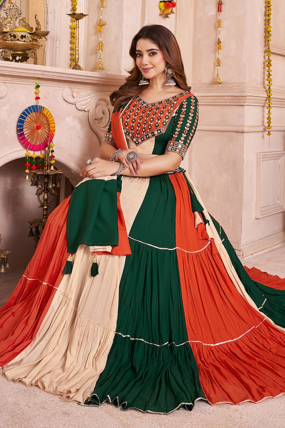 MULTI VISCOSE COTTON NAVRATRI LEHENGA CHOLI WITH KUTCHI PATCH AND MIRROR WORK