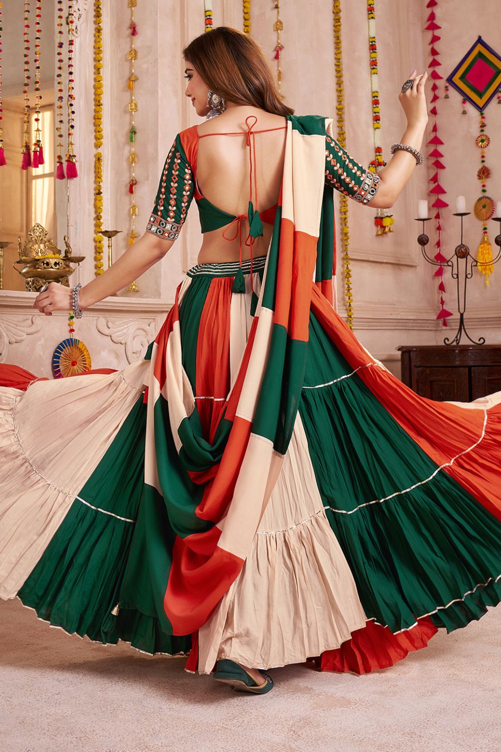 MULTI VISCOSE COTTON NAVRATRI LEHENGA CHOLI WITH KUTCHI PATCH AND MIRROR WORK