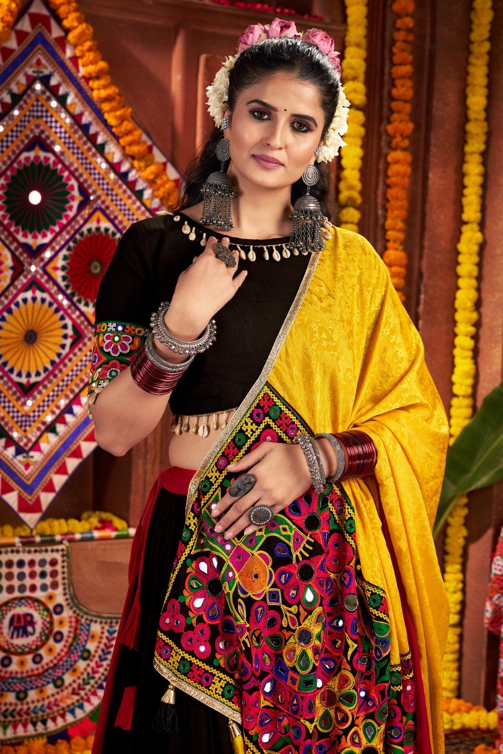 MULTI VISCOSE COTTON NAVRATRI LEHENGA CHOLI WITH MIRROR WORK