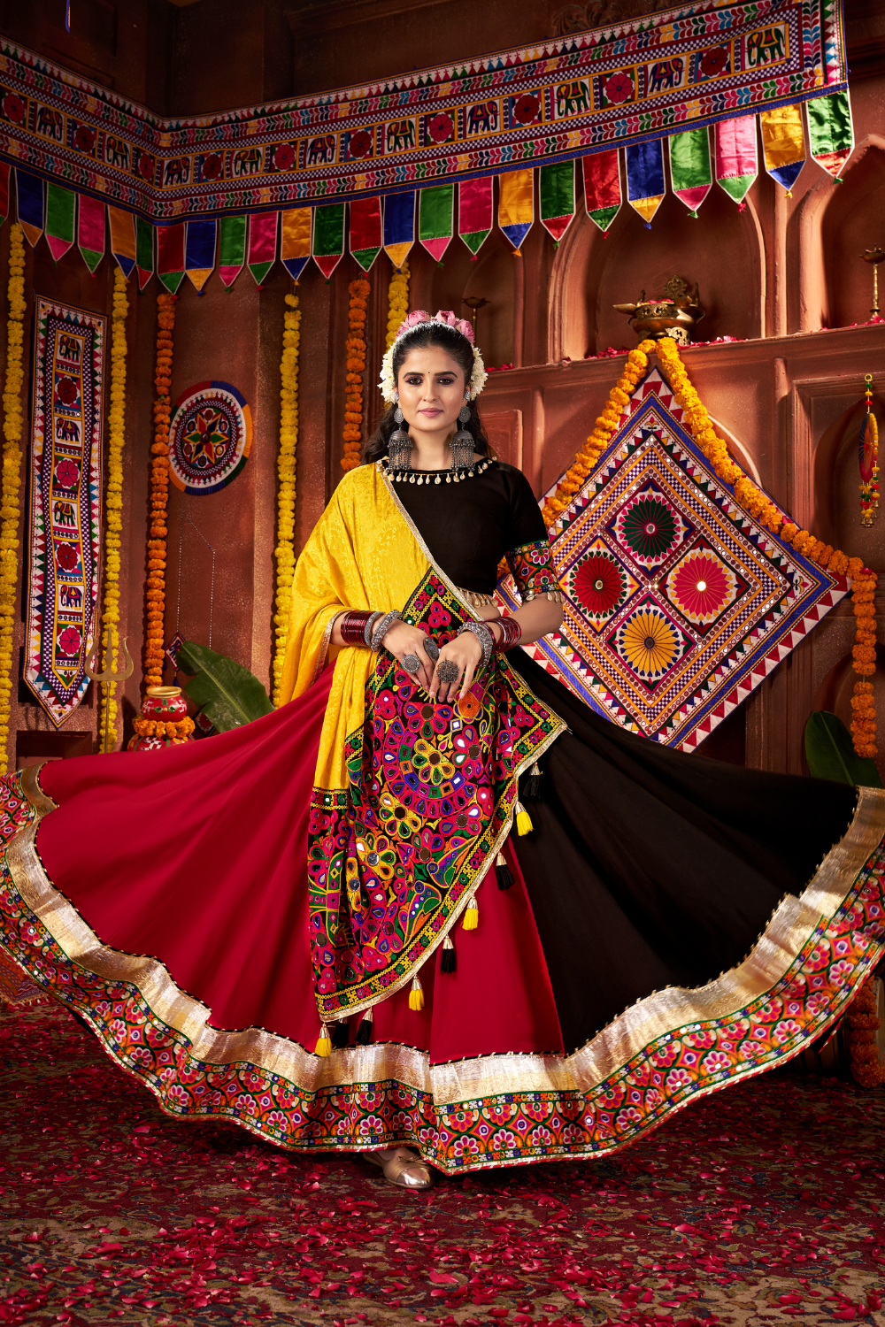 MULTI VISCOSE COTTON NAVRATRI LEHENGA CHOLI WITH MIRROR WORK