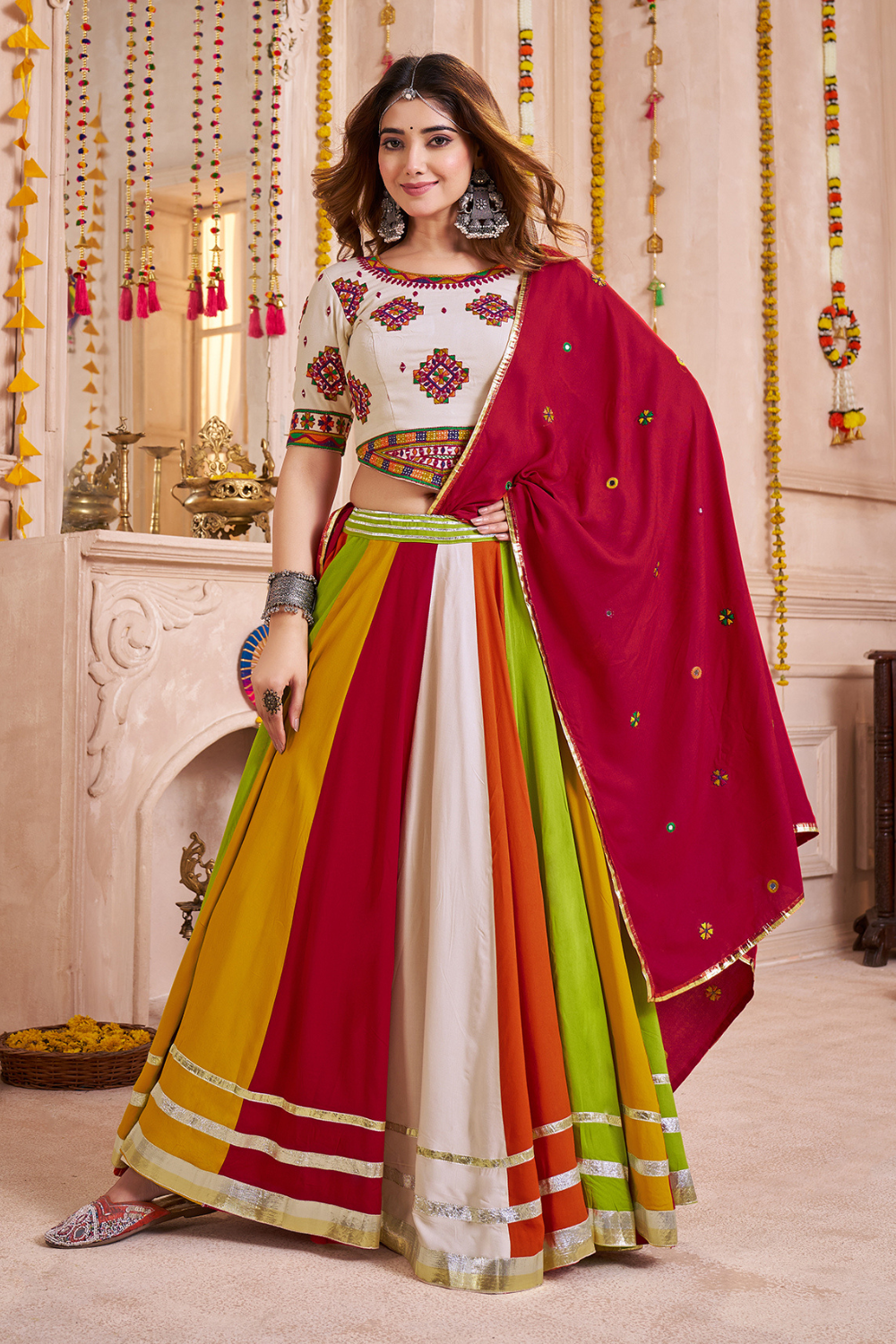 MULTI VISCOSE COTTON NAVRATRI LEHENGA CHOLI WITH THREAD AND LACE WORK
