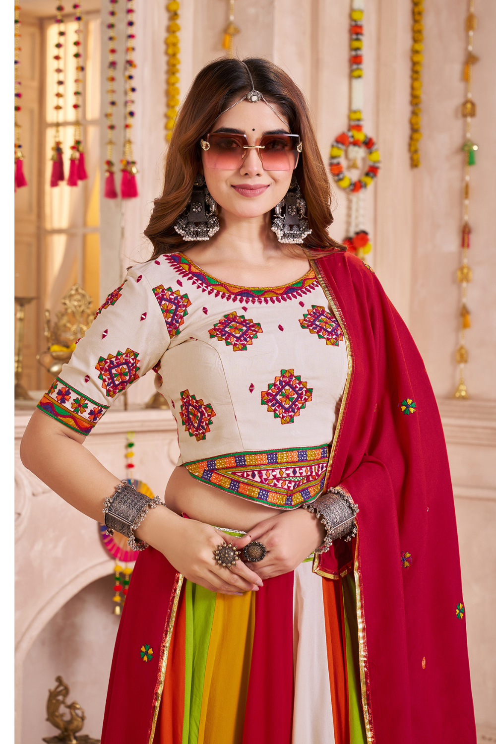 MULTI VISCOSE COTTON NAVRATRI LEHENGA CHOLI WITH THREAD AND LACE WORK