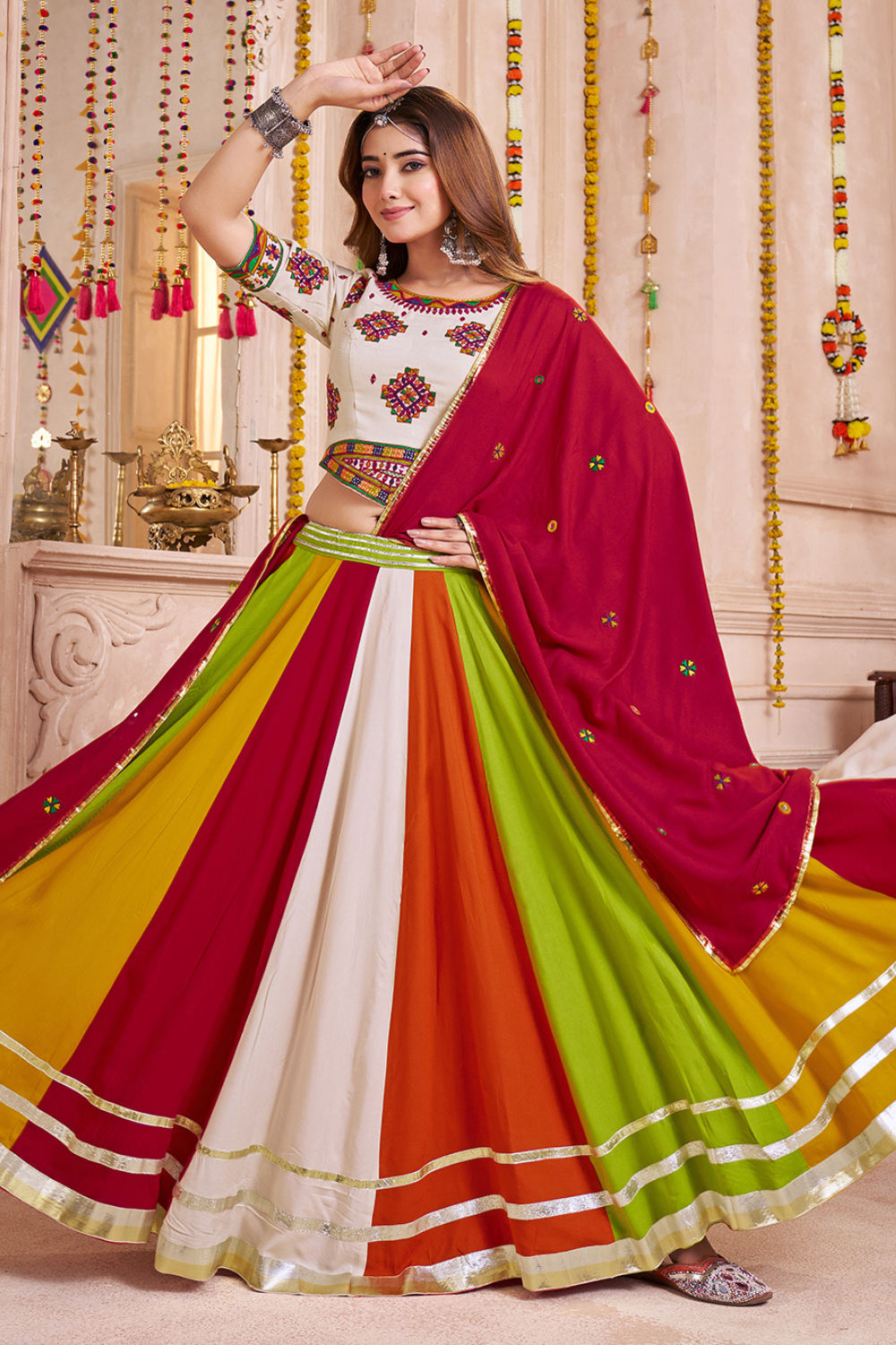 MULTI VISCOSE COTTON NAVRATRI LEHENGA CHOLI WITH THREAD AND LACE WORK