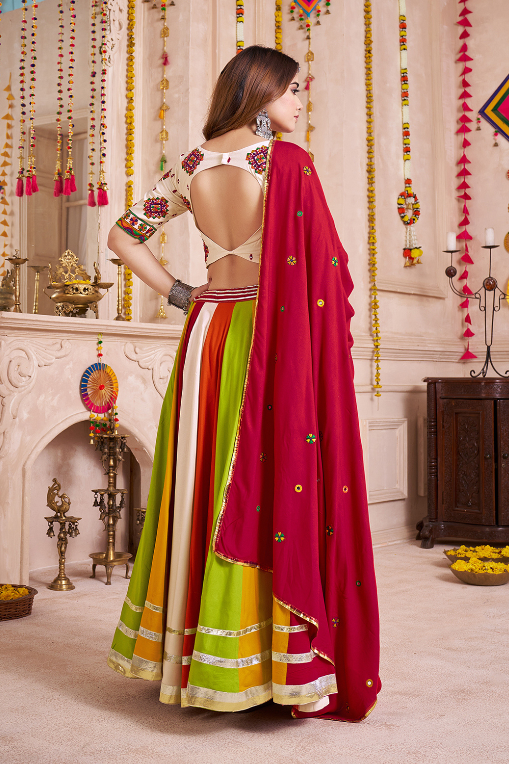 MULTI VISCOSE COTTON NAVRATRI LEHENGA CHOLI WITH THREAD AND LACE WORK