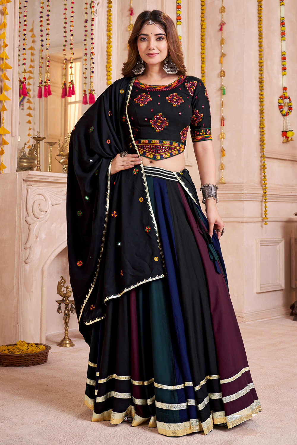 MULTI VISCOSE COTTON NAVRATRI LEHENGA CHOLI WITH THREAD AND MIRROR WORK