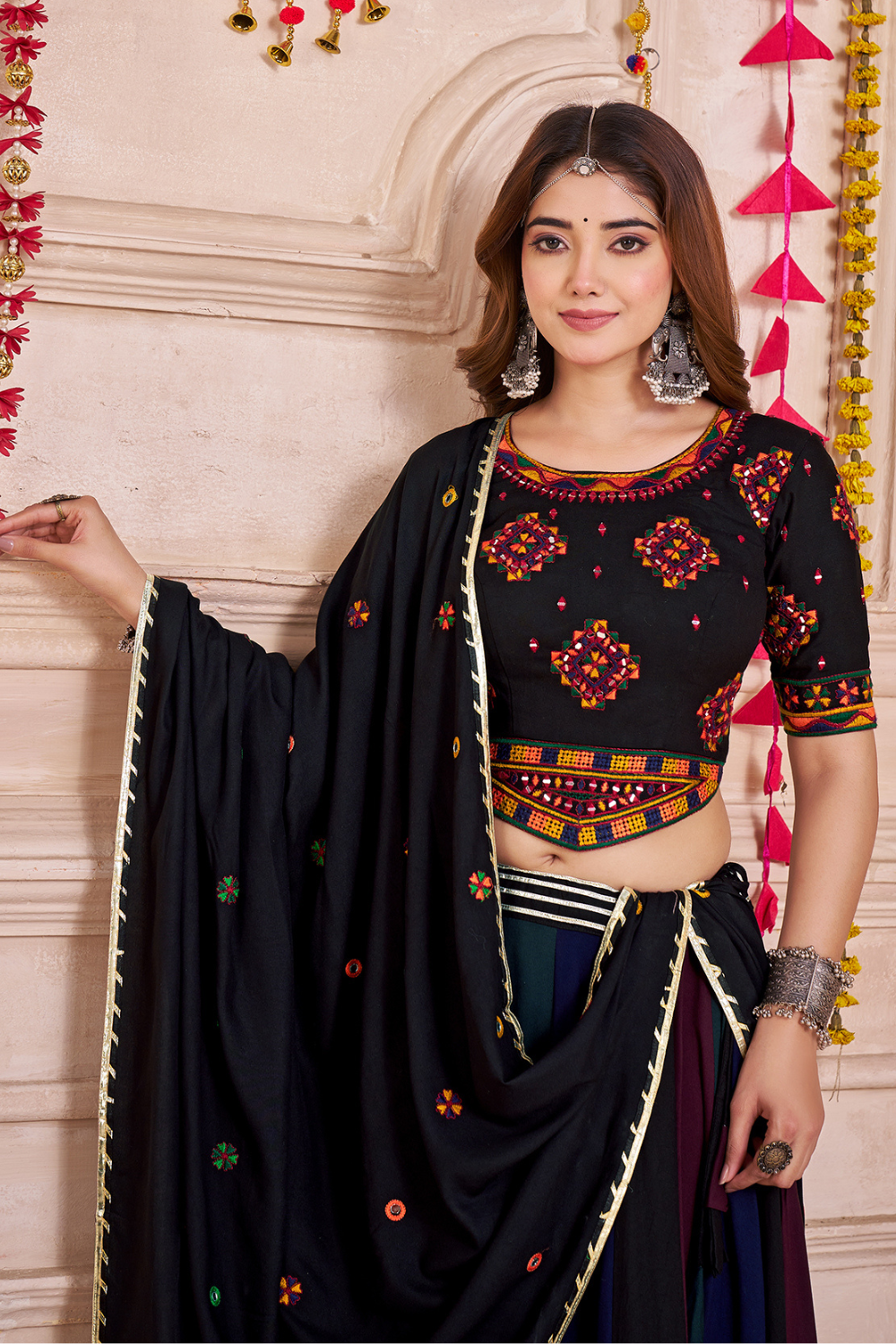 MULTI VISCOSE COTTON NAVRATRI LEHENGA CHOLI WITH THREAD AND MIRROR WORK