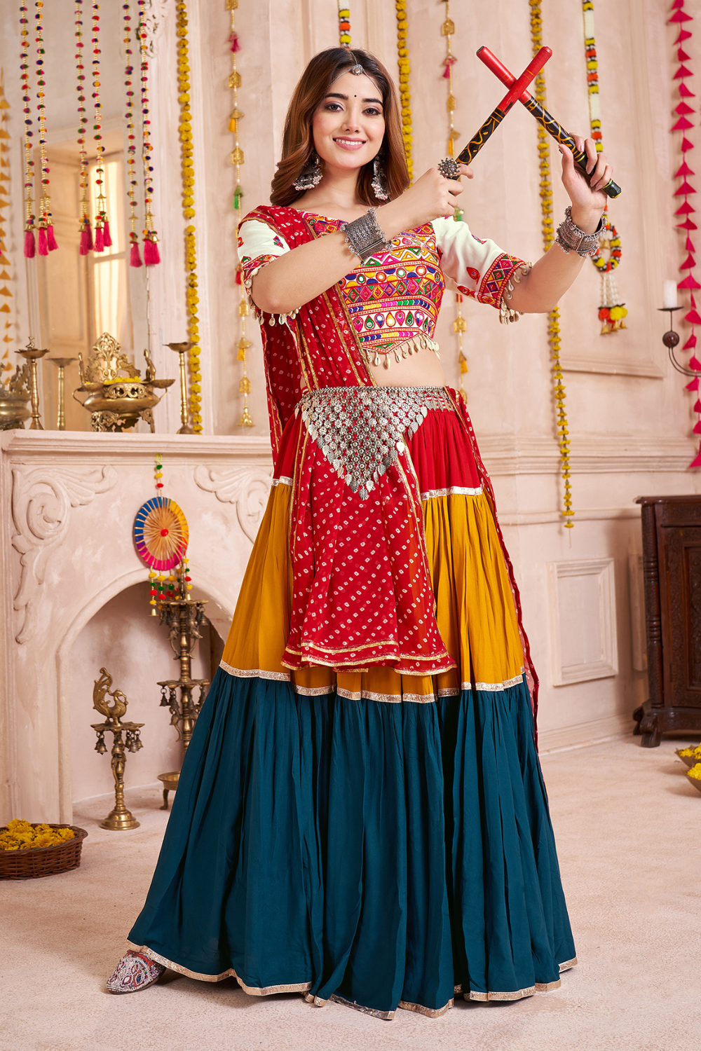 MULTI VISCOSE COTTON NAVRATRI LEHENGA CHOLI WITH THREAD AND MIRROR WORK
