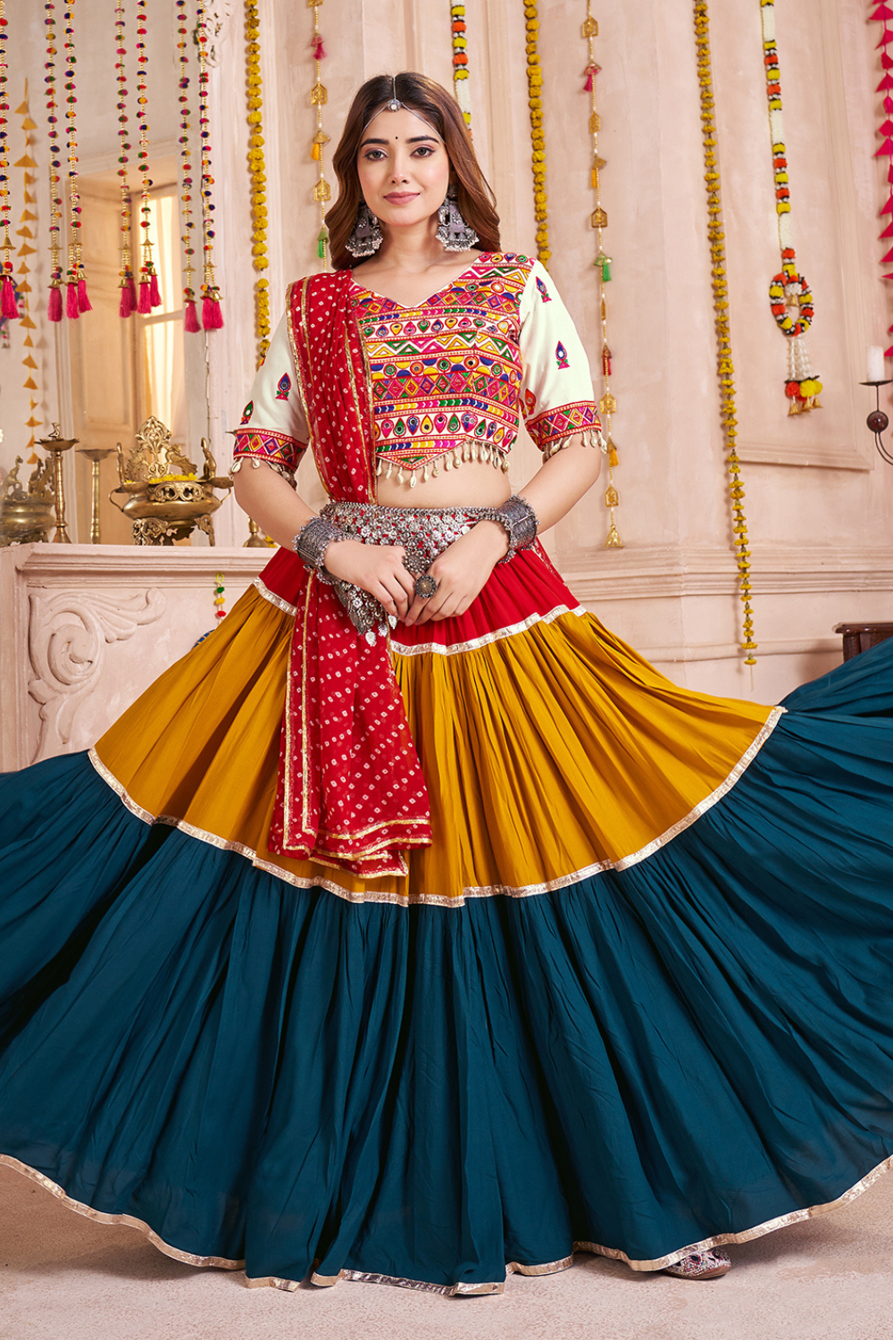 MULTI VISCOSE COTTON NAVRATRI LEHENGA CHOLI WITH THREAD AND MIRROR WORK