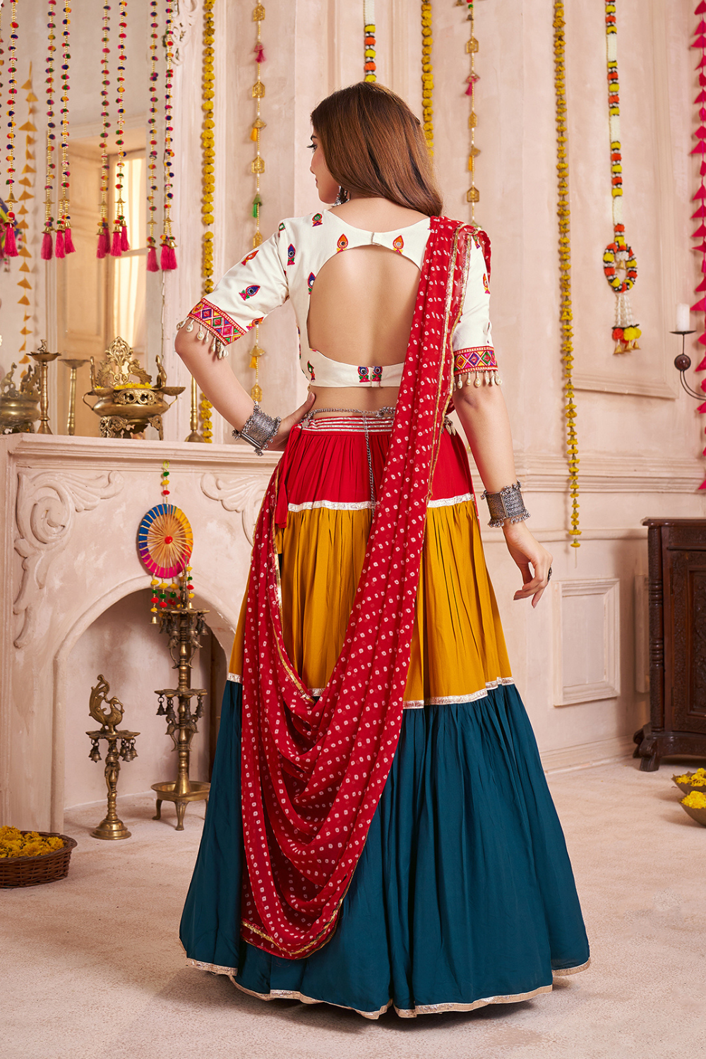 MULTI VISCOSE COTTON NAVRATRI LEHENGA CHOLI WITH THREAD AND MIRROR WORK
