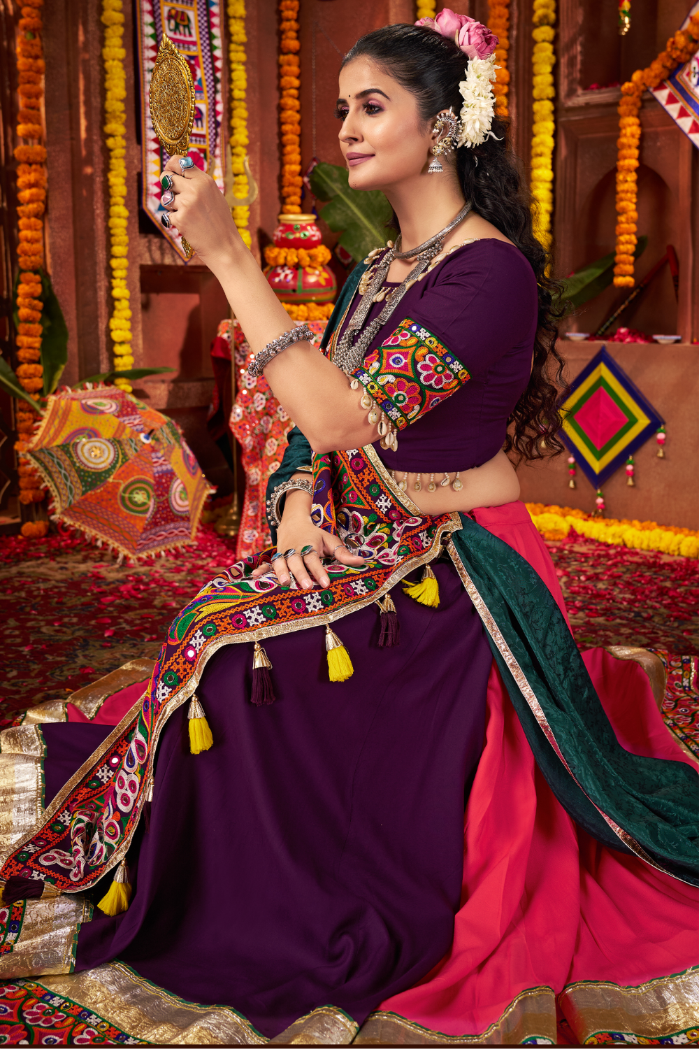 MULTI VISCOSE COTTON NAVRATRI LEHENGA CHOLI WITH THREAD WORK