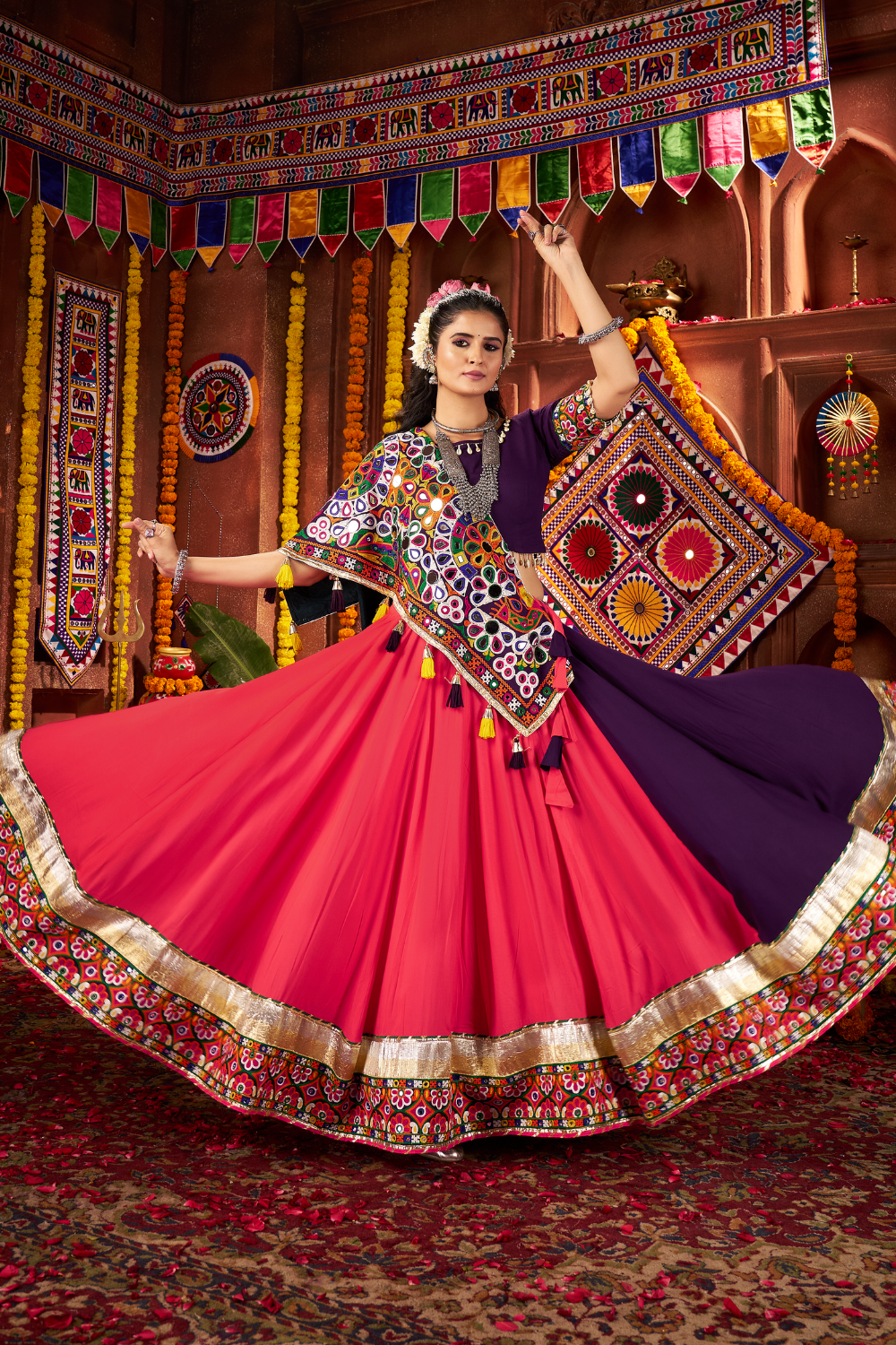 MULTI VISCOSE COTTON NAVRATRI LEHENGA CHOLI WITH THREAD WORK