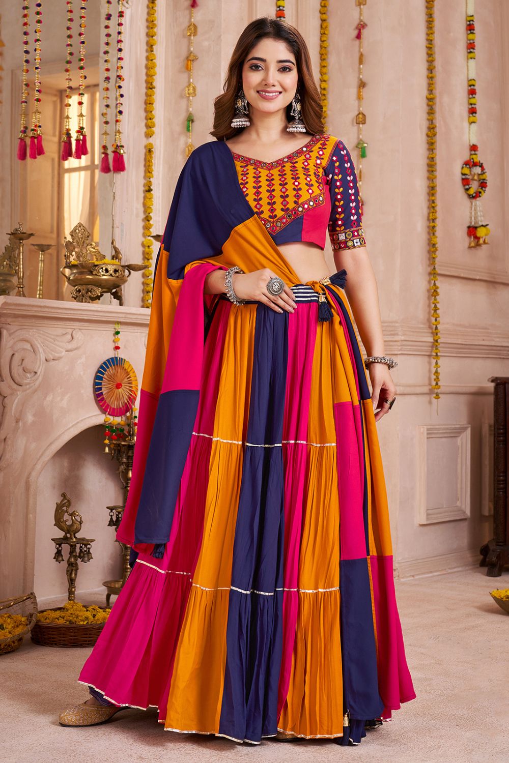 MULTI COLOR VISCOSE COTTON NAVRATRI LEHENGA CHOLI WITH KUTCHI PATCH WORK