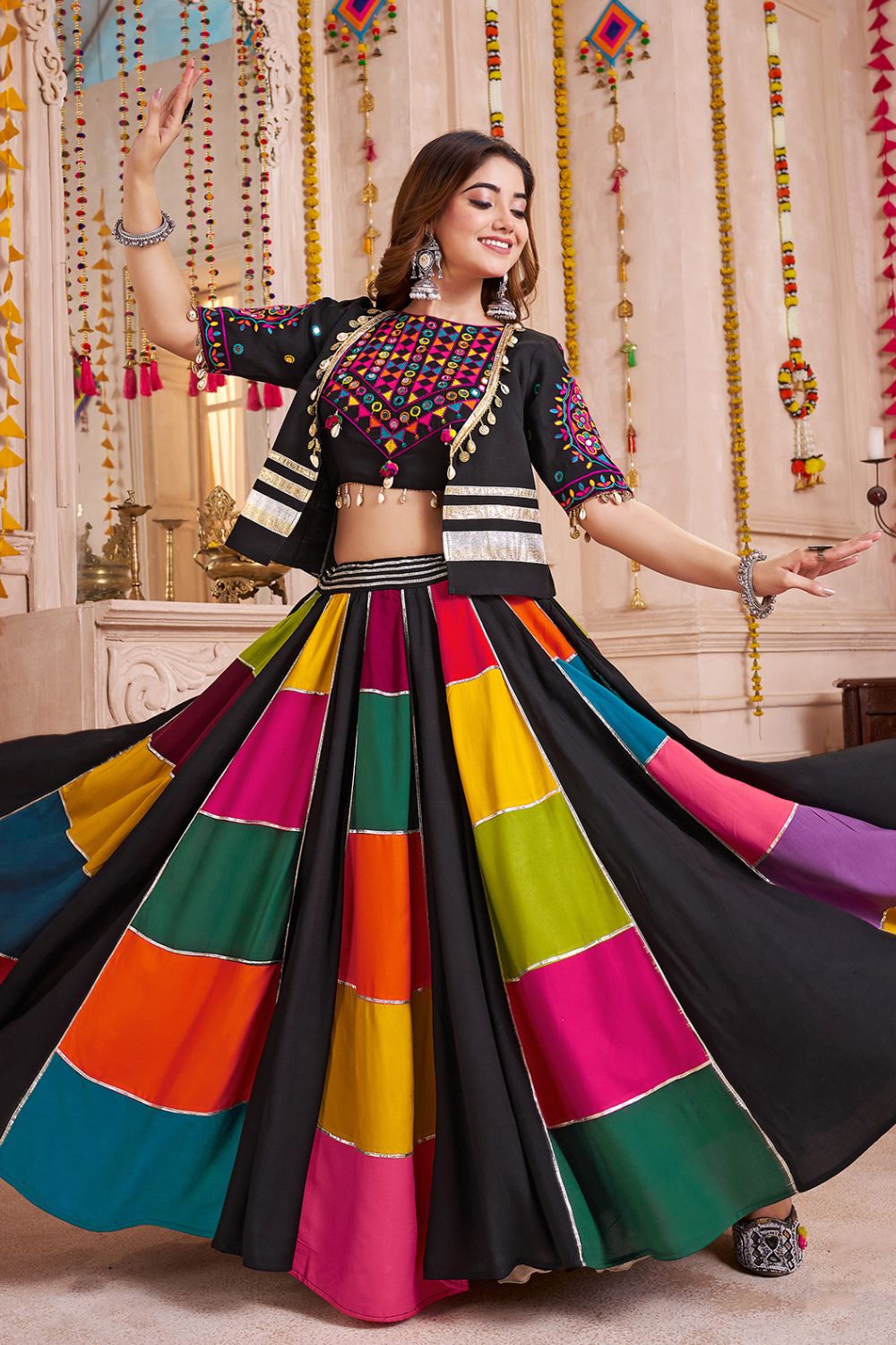 MULTI COLOR VISCOSE COTTON NAVRATRI LEHENGA CHOLI WITH KUTCHI PATCH WORK JACKET