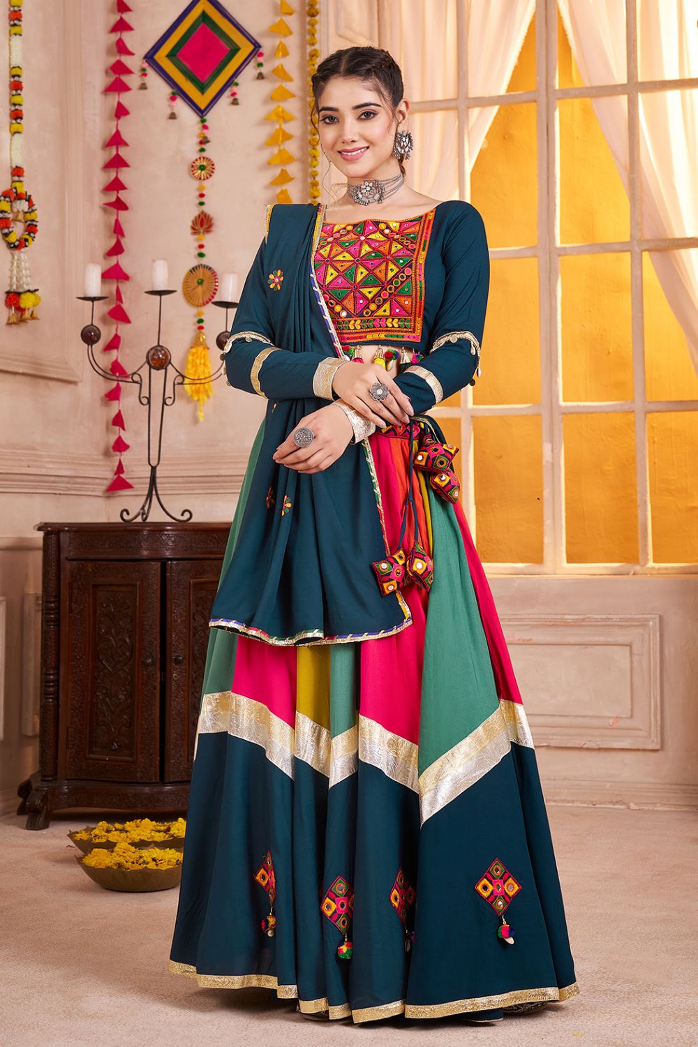 MULTI TEAL BLUE VISCOSE COTTON LEHENGA CHOLI WITH THREAD WORK AND LAMPI BORDERING
