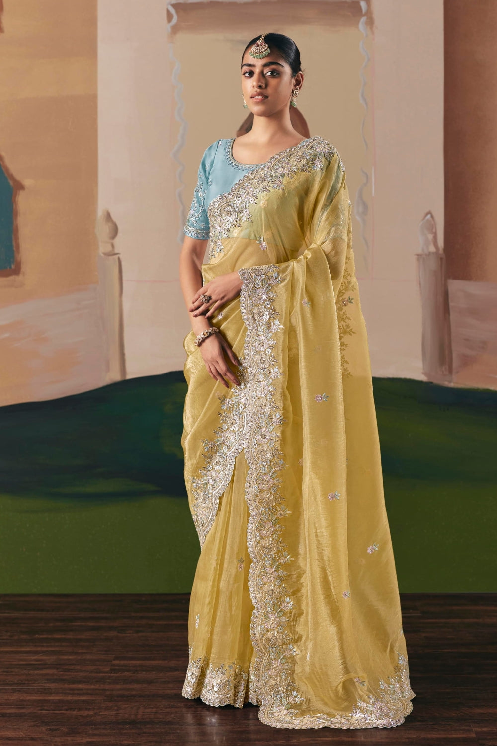 MUSTARD YELLOW TISSUE SAREE WITH MOTI AND SEQUINS
