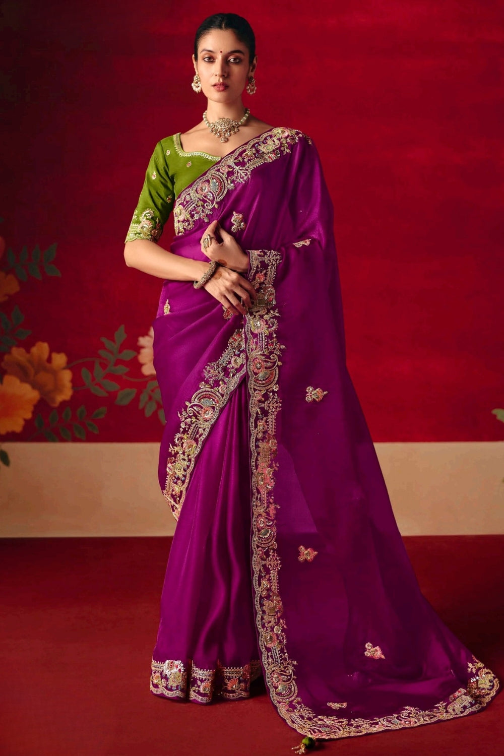 Magenta  Silk Saree with Resham Embroidery and Moti Work