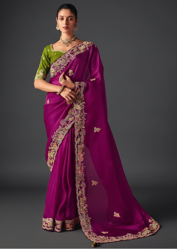 Magenta  Silk Saree with Resham Embroidery and Moti Work