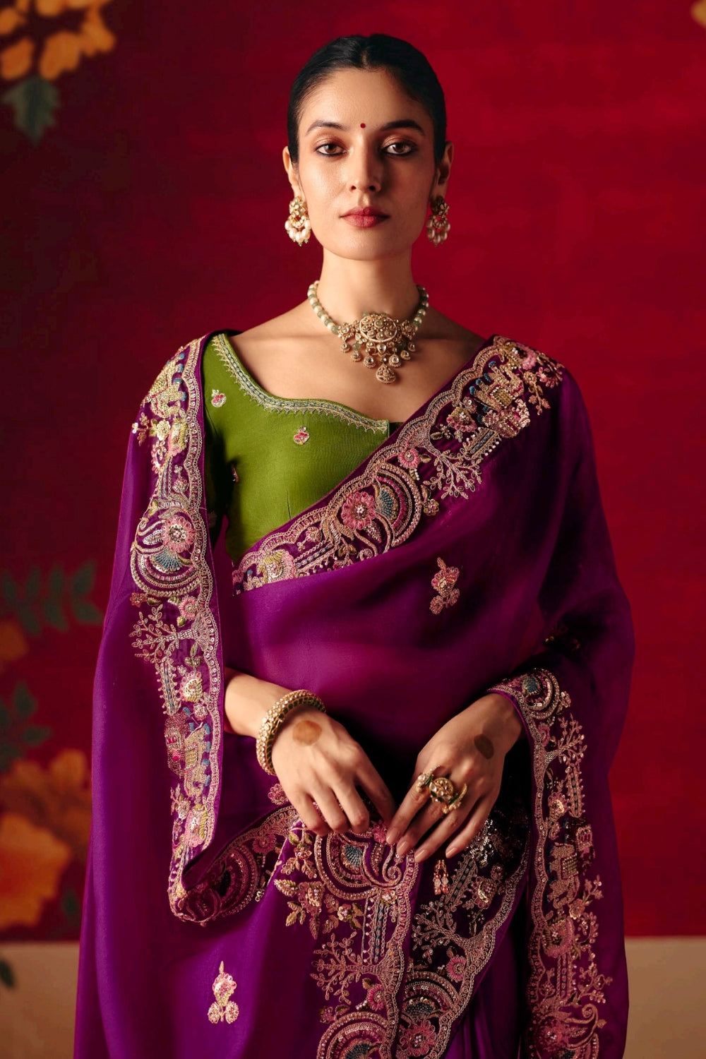 Magenta  Silk Saree with Resham Embroidery and Moti Work