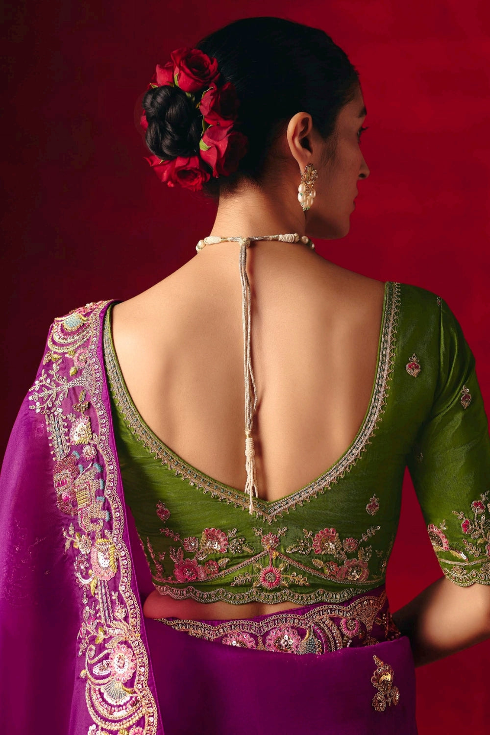 Magenta  Silk Saree with Resham Embroidery and Moti Work