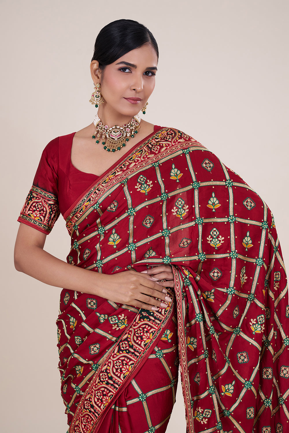 Maroon Floral Motif Embroidered Silk Saree Gharchola