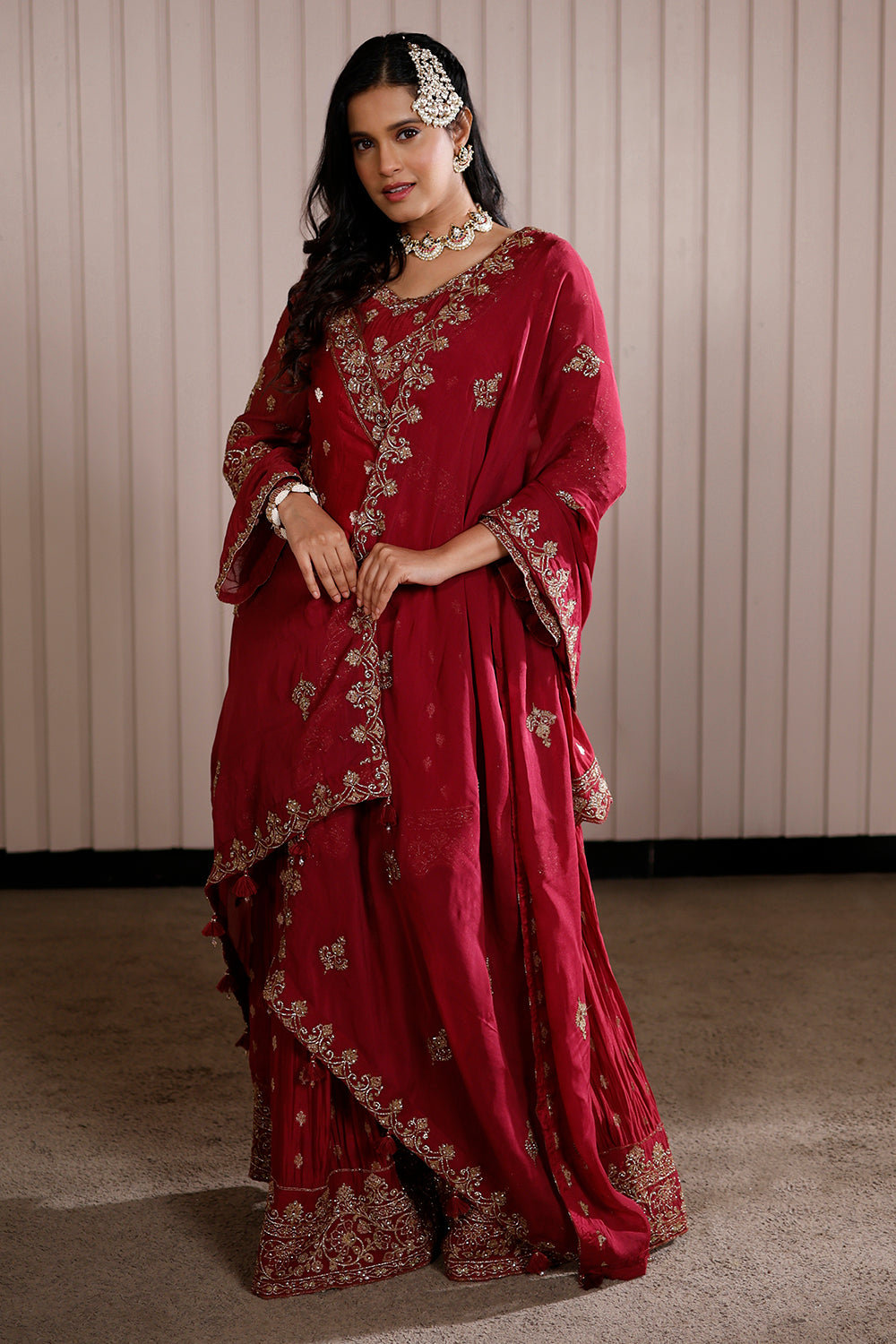 Maroon Kurta Sharara Set in Silk Crepe with Zardosi and Embroidery.