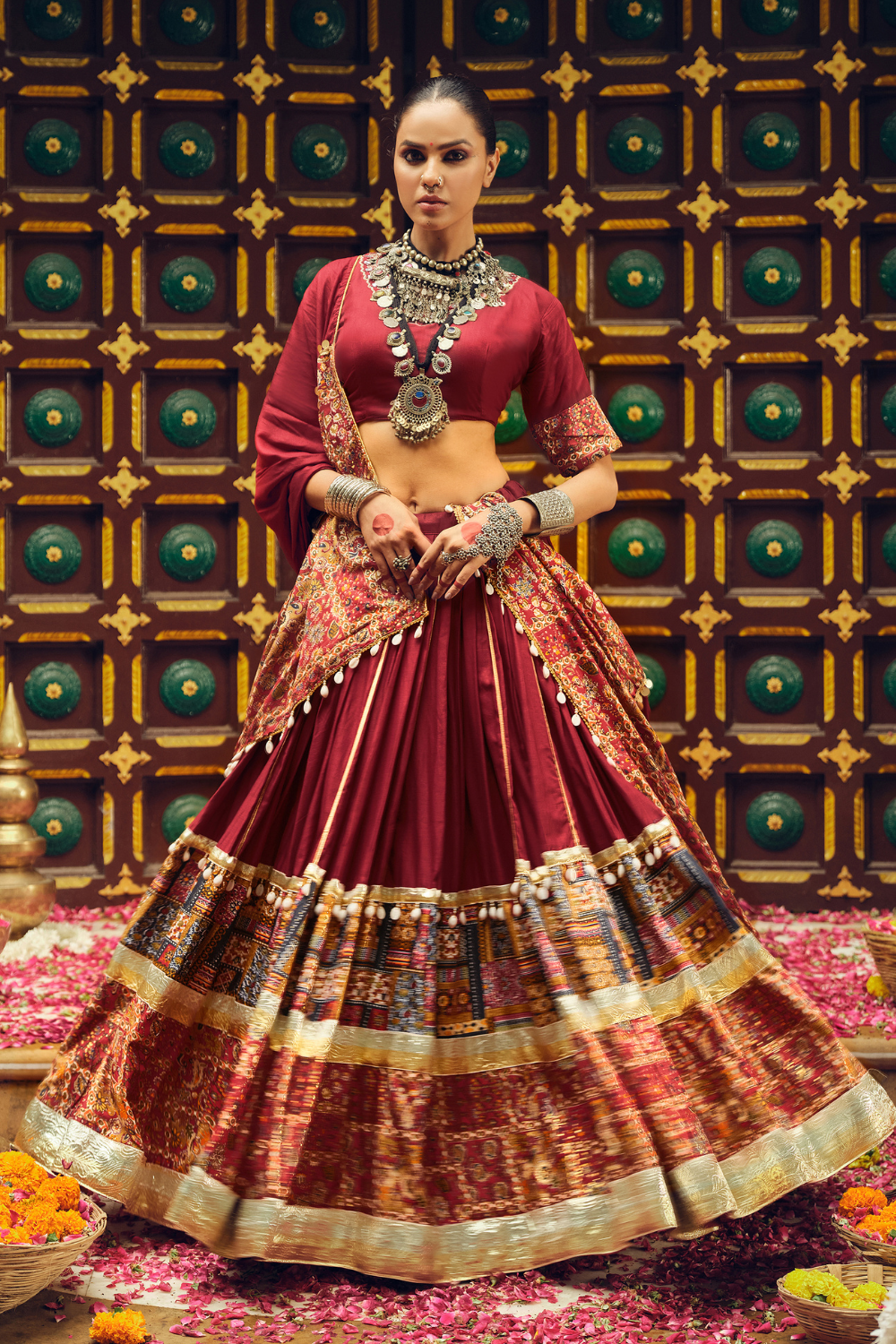 Maroon Rayon Printed Navratri Lehenga Choli