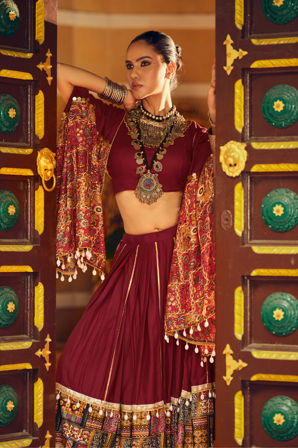 Maroon Rayon Printed Navratri Lehenga Choli