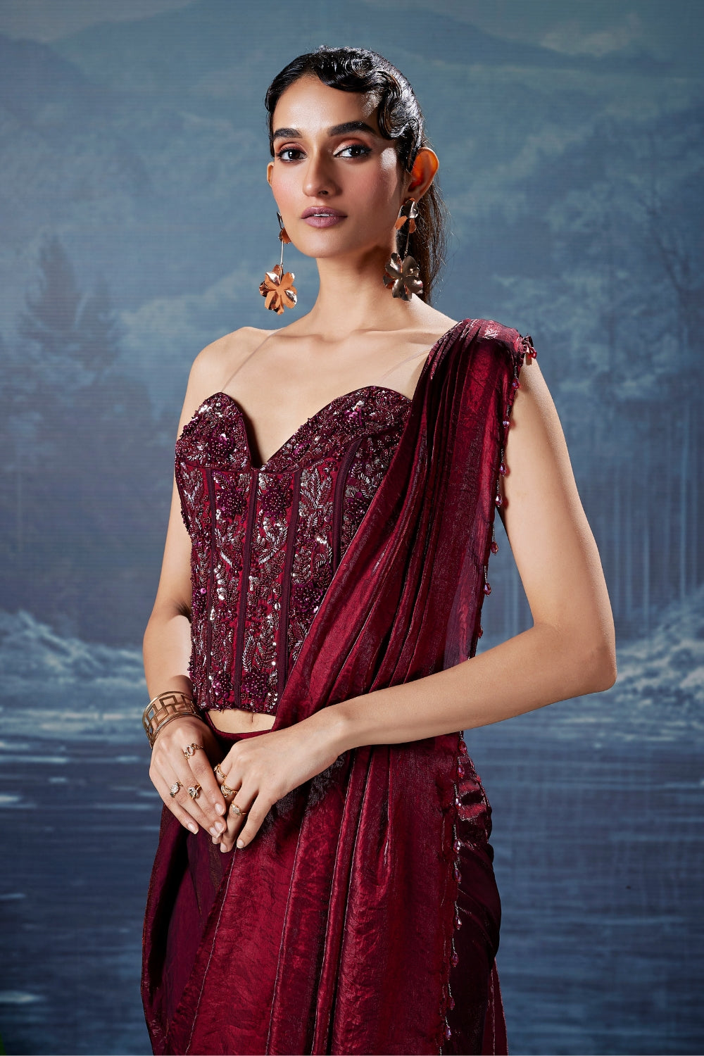 Maroon Silk Drape Saree with Cutdana and Moti Work