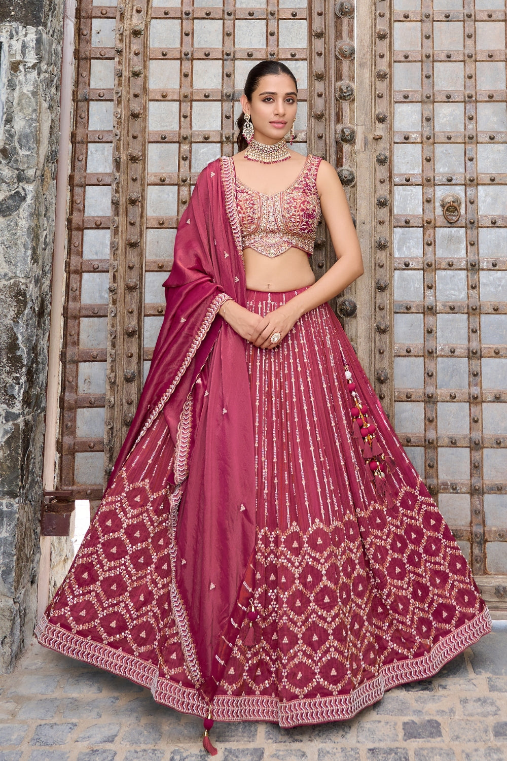 Maroon Silk Lehenga Set with Zardosi and Cutdana Work