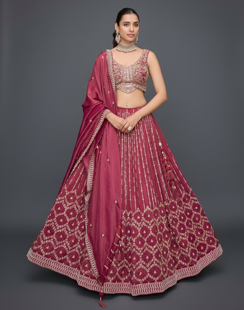 Maroon Silk Lehenga Set with Zardosi and Cutdana Work